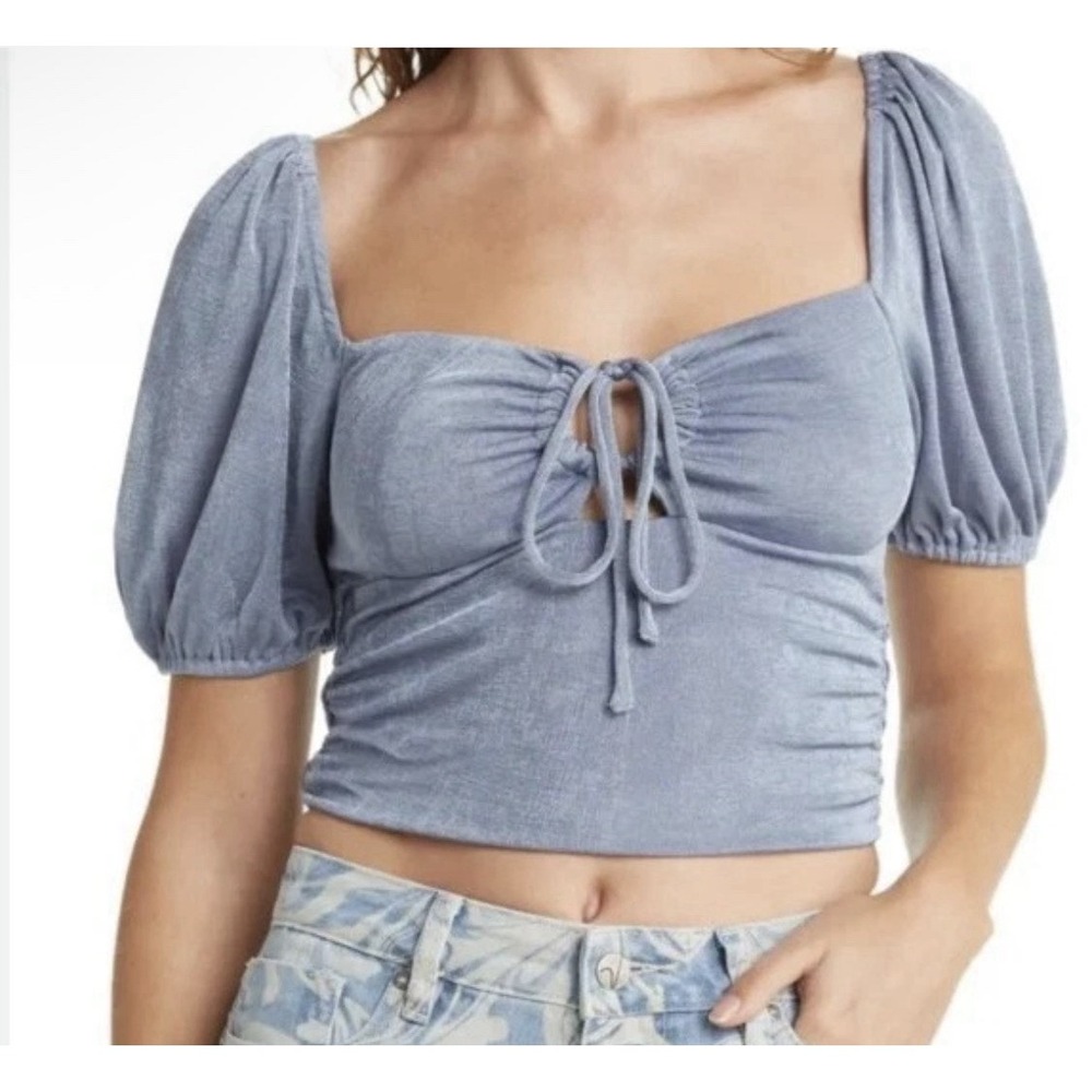 Sophie Rue‎ M Slinky Front Tie Blouse Blue Dust Size Xl Peasant Cropped Puff